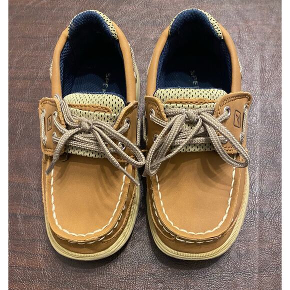 Sperry Top-Sider Kids Boat Shoes Tan Leather 9M Youth Slip-On Hook & Loop - Picture 2 of 6